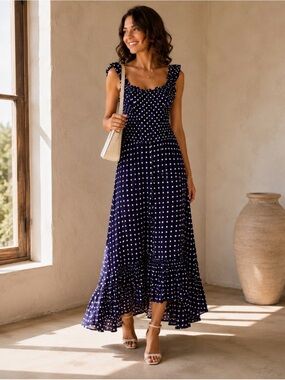 Slate & Willow Navy Blue & White Polka Dot Maxi Dress Milkmaid Ruffle Hi-low